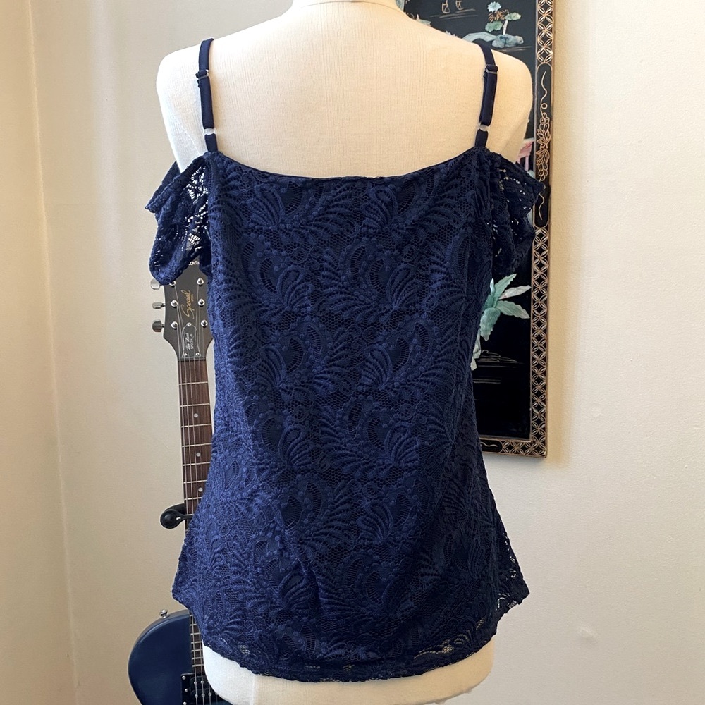 Midnight Blue Spaghetti Strap/Cap Sleeve/Deep V Lace Top. VENUS. Size L. - Picture 2 of 4